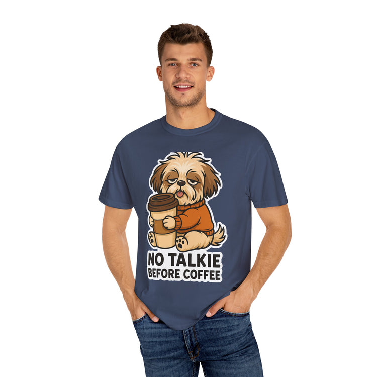 ☕ No Talkie Before Coffee Shih Tzu T-Shirt – Funny Dog Meme Tee for Pet Lovers & Dog Moms 🐾