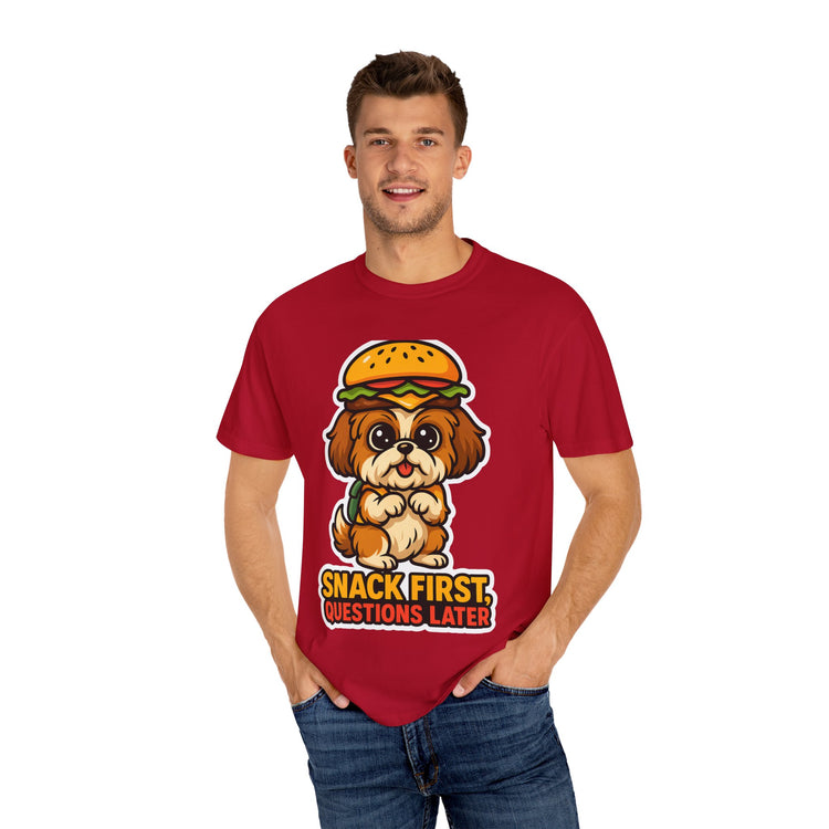 🍔 Snack First, Questions Later Shih Tzu T-Shirt – Funny Foodie Dog Meme Tee for Pet Lovers & Dog Moms 🐾