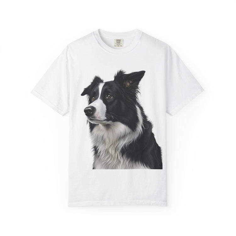 Realistic Border Collie Art T-Shirt – Elegant Black & White Dog Portrait Tee for Pet Lovers