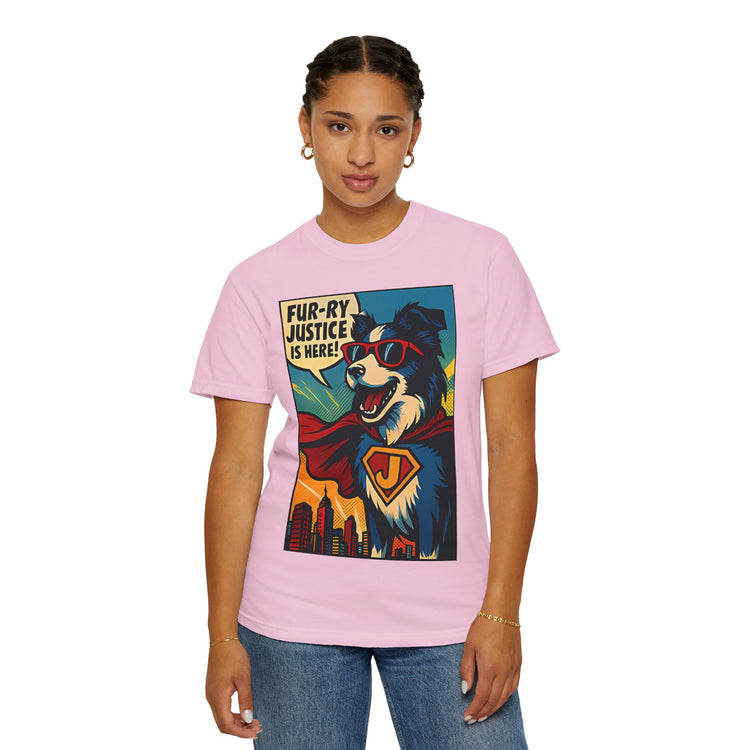 Border Collie Superhero Comic T-Shirt – Pop Art Dog Design, “Fur-ry Justice is Here!” Tee for Dog Lovers