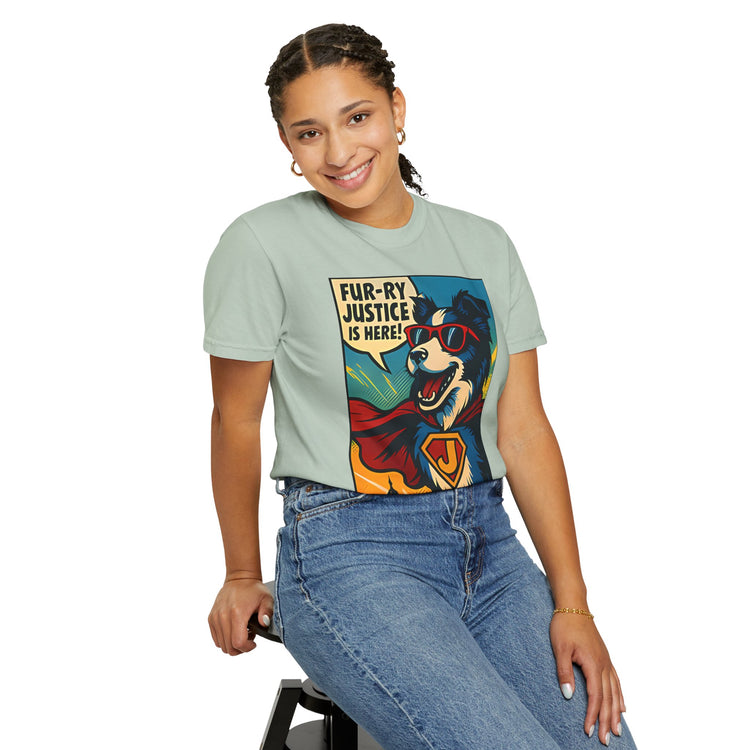 Border Collie Superhero Comic T-Shirt – Pop Art Dog Design, “Fur-ry Justice is Here!” Tee for Dog Lovers