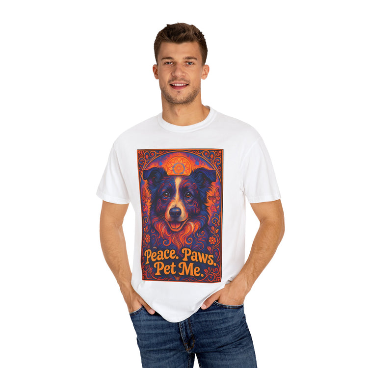 Border Collie Psychedelic Festival T-Shirt – Trippy Floral Dog Tee with “Peace. Paws. Pet Me.” Quote