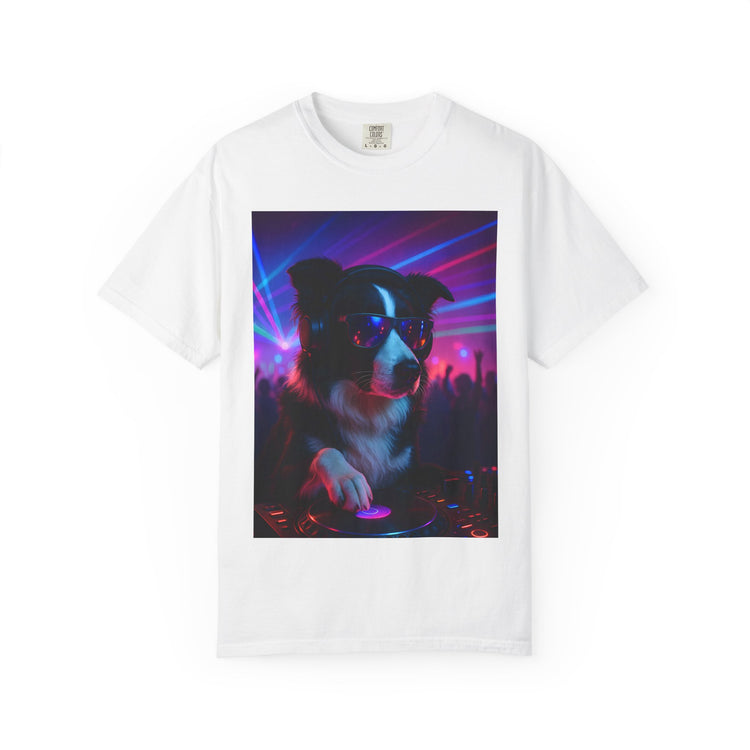 order Collie DJ T-Shirt – Retro 80s Vinyl Dog Tee, Neon Synthwave Pop Art Style for Music & Pet Lovers