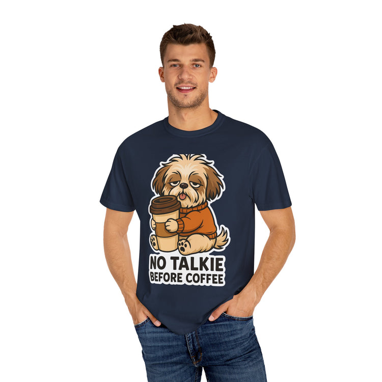 ☕ No Talkie Before Coffee Shih Tzu T-Shirt – Funny Dog Meme Tee for Pet Lovers & Dog Moms 🐾