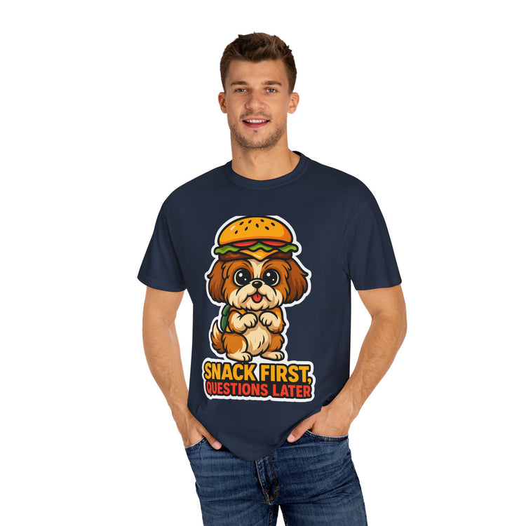 🍔 Snack First, Questions Later Shih Tzu T-Shirt – Funny Foodie Dog Meme Tee for Pet Lovers & Dog Moms 🐾