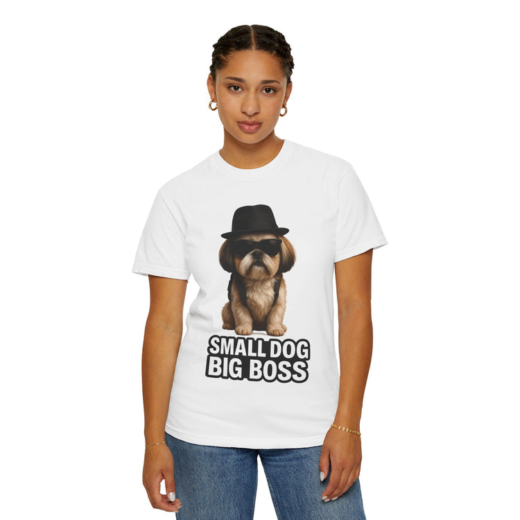 😎 Small Dog, Big Boss Shih Tzu T-Shirt – 3D Realistic Funny Dog Meme Tee for Pet Lovers & Dog Moms 🐾