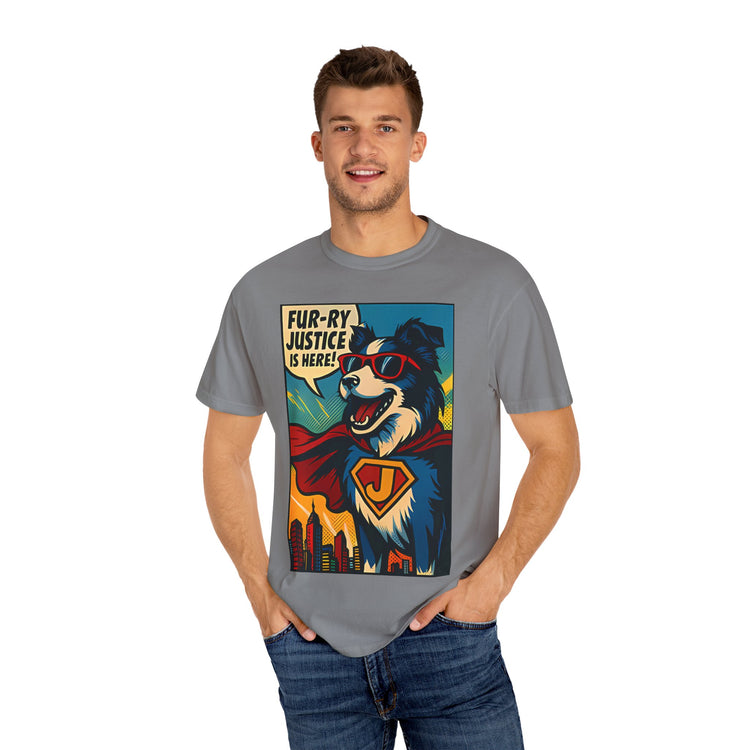 Border Collie Superhero Comic T-Shirt – Pop Art Dog Design, “Fur-ry Justice is Here!” Tee for Dog Lovers