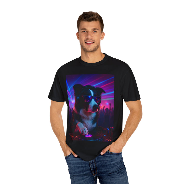 order Collie DJ T-Shirt – Retro 80s Vinyl Dog Tee, Neon Synthwave Pop Art Style for Music & Pet Lovers