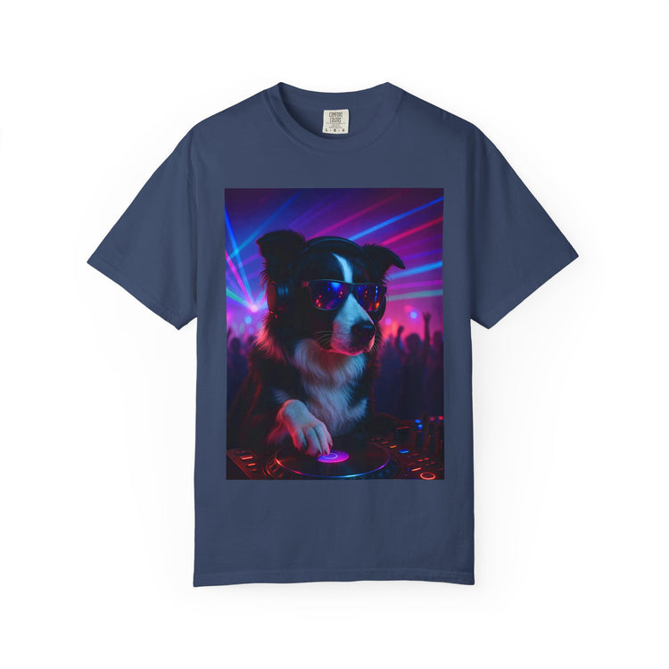 order Collie DJ T-Shirt – Retro 80s Vinyl Dog Tee, Neon Synthwave Pop Art Style for Music & Pet Lovers