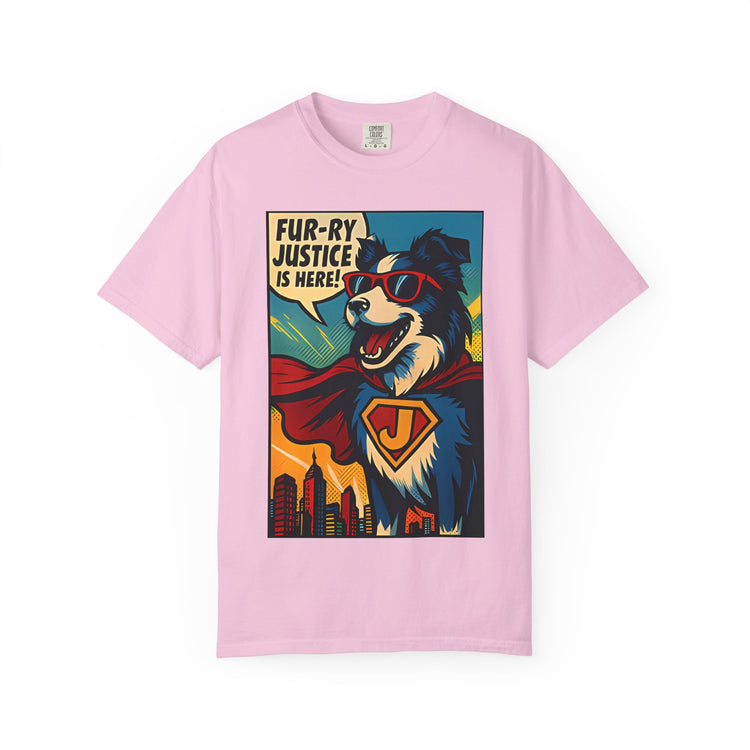 Border Collie Superhero Comic T-Shirt – Pop Art Dog Design, “Fur-ry Justice is Here!” Tee for Dog Lovers