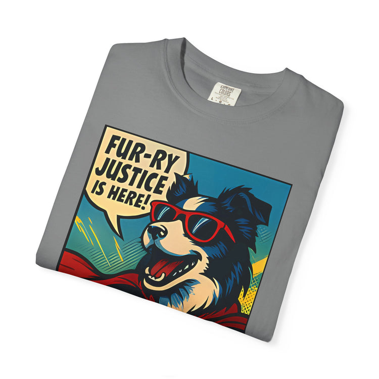 Border Collie Superhero Comic T-Shirt – Pop Art Dog Design, “Fur-ry Justice is Here!” Tee for Dog Lovers