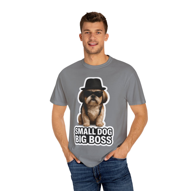 😎 Small Dog, Big Boss Shih Tzu T-Shirt – 3D Realistic Funny Dog Meme Tee for Pet Lovers & Dog Moms 🐾