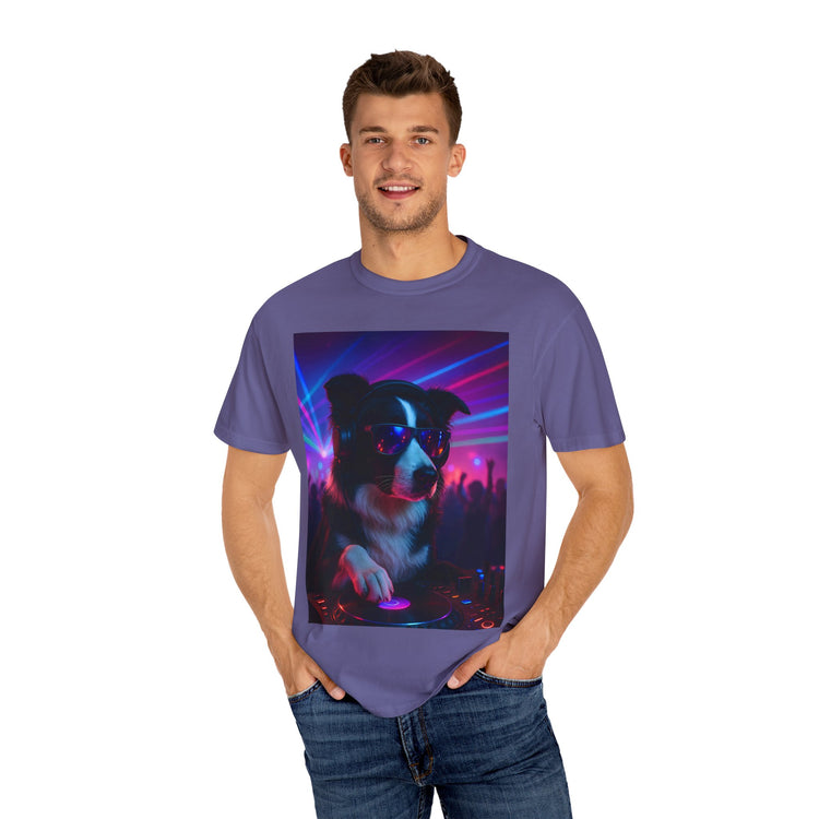 order Collie DJ T-Shirt – Retro 80s Vinyl Dog Tee, Neon Synthwave Pop Art Style for Music & Pet Lovers