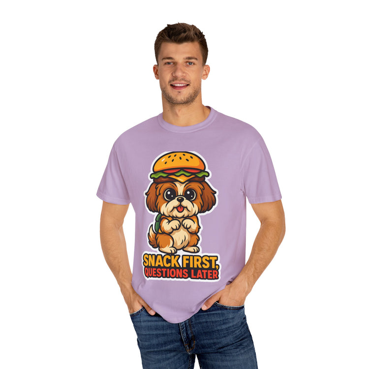 🍔 Snack First, Questions Later Shih Tzu T-Shirt – Funny Foodie Dog Meme Tee for Pet Lovers & Dog Moms 🐾