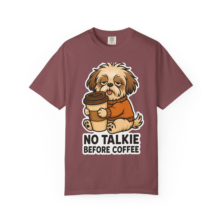 ☕ No Talkie Before Coffee Shih Tzu T-Shirt – Funny Dog Meme Tee for Pet Lovers & Dog Moms 🐾