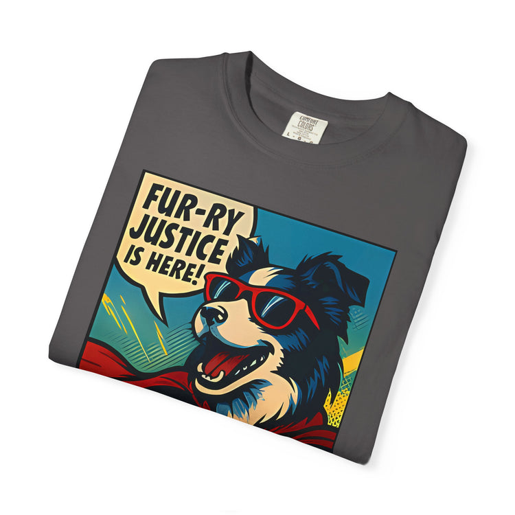 Border Collie Superhero Comic T-Shirt – Pop Art Dog Design, “Fur-ry Justice is Here!” Tee for Dog Lovers