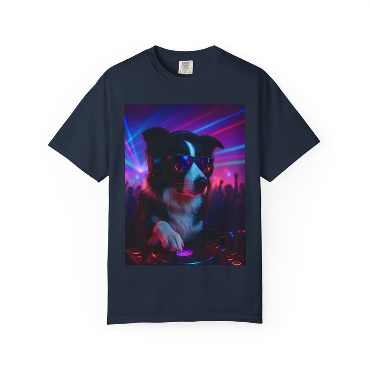 order Collie DJ T-Shirt – Retro 80s Vinyl Dog Tee, Neon Synthwave Pop Art Style for Music & Pet Lovers
