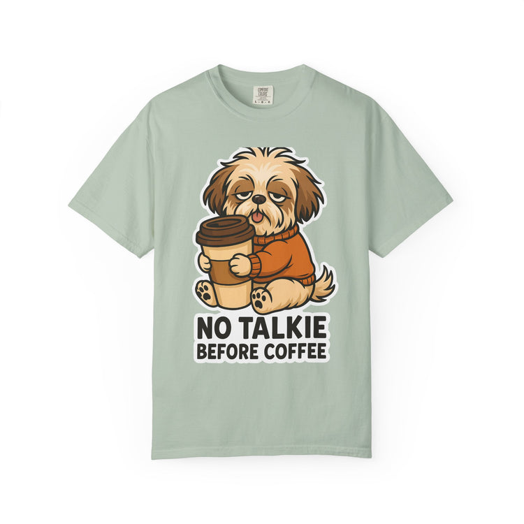 ☕ No Talkie Before Coffee Shih Tzu T-Shirt – Funny Dog Meme Tee for Pet Lovers & Dog Moms 🐾