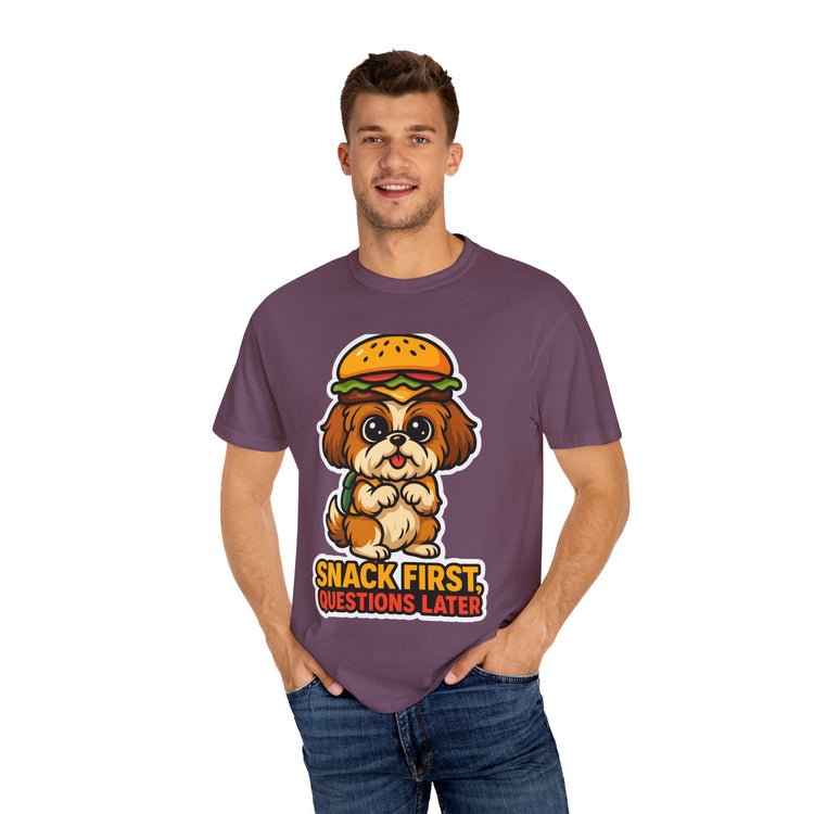 🍔 Snack First, Questions Later Shih Tzu T-Shirt – Funny Foodie Dog Meme Tee for Pet Lovers & Dog Moms 🐾
