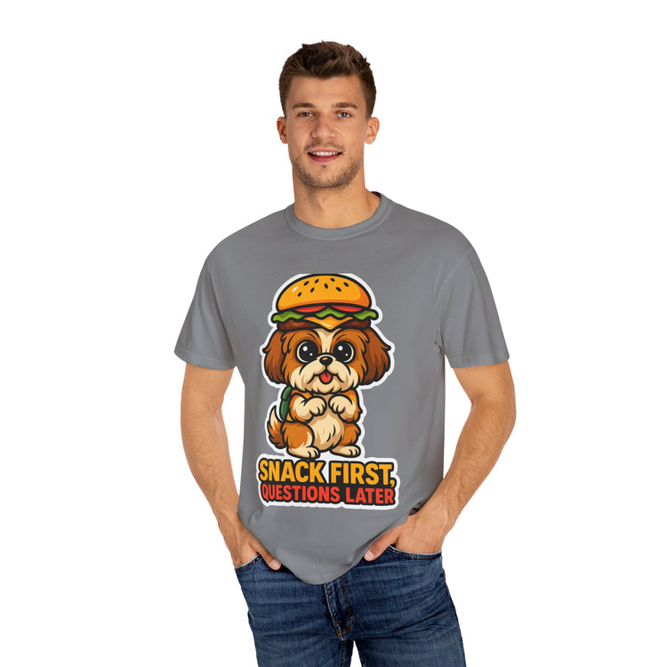 🍔 Snack First, Questions Later Shih Tzu T-Shirt – Funny Foodie Dog Meme Tee for Pet Lovers & Dog Moms 🐾
