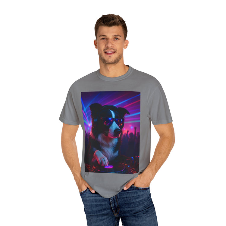 order Collie DJ T-Shirt – Retro 80s Vinyl Dog Tee, Neon Synthwave Pop Art Style for Music & Pet Lovers
