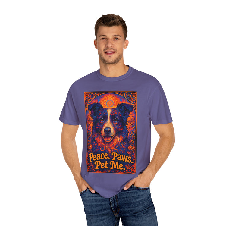 Border Collie Psychedelic Festival T-Shirt – Trippy Floral Dog Tee with “Peace. Paws. Pet Me.” Quote
