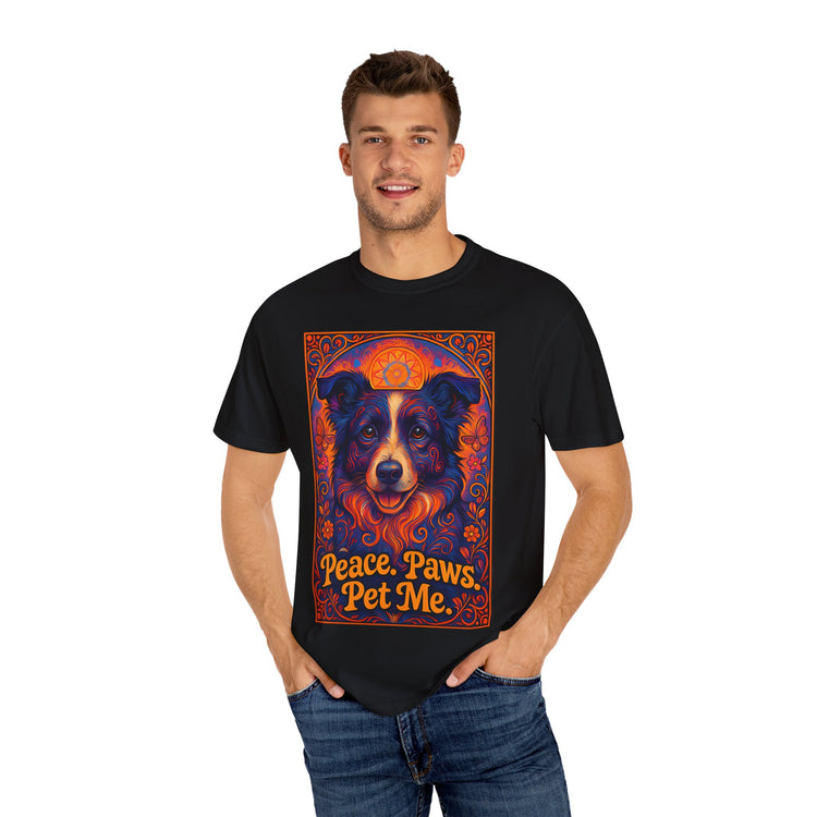 Border Collie Psychedelic Festival T-Shirt – Trippy Floral Dog Tee with “Peace. Paws. Pet Me.” Quote