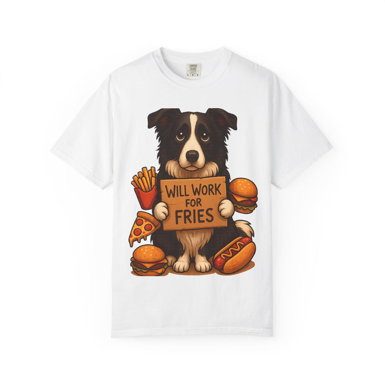 Border Collie Funny Fast Food T-Shirt – “Will Work for Fries” Meme Tee for Dog Lovers & Foodies