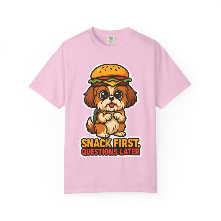 🍔 Snack First, Questions Later Shih Tzu T-Shirt – Funny Foodie Dog Meme Tee for Pet Lovers & Dog Moms 🐾