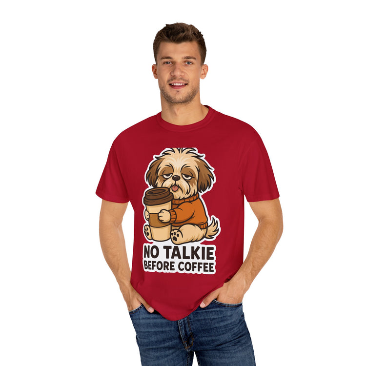 ☕ No Talkie Before Coffee Shih Tzu T-Shirt – Funny Dog Meme Tee for Pet Lovers & Dog Moms 🐾