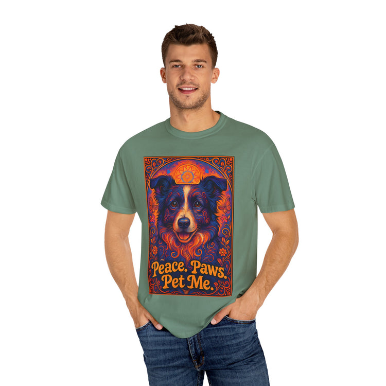 Border Collie Psychedelic Festival T-Shirt – Trippy Floral Dog Tee with “Peace. Paws. Pet Me.” Quote