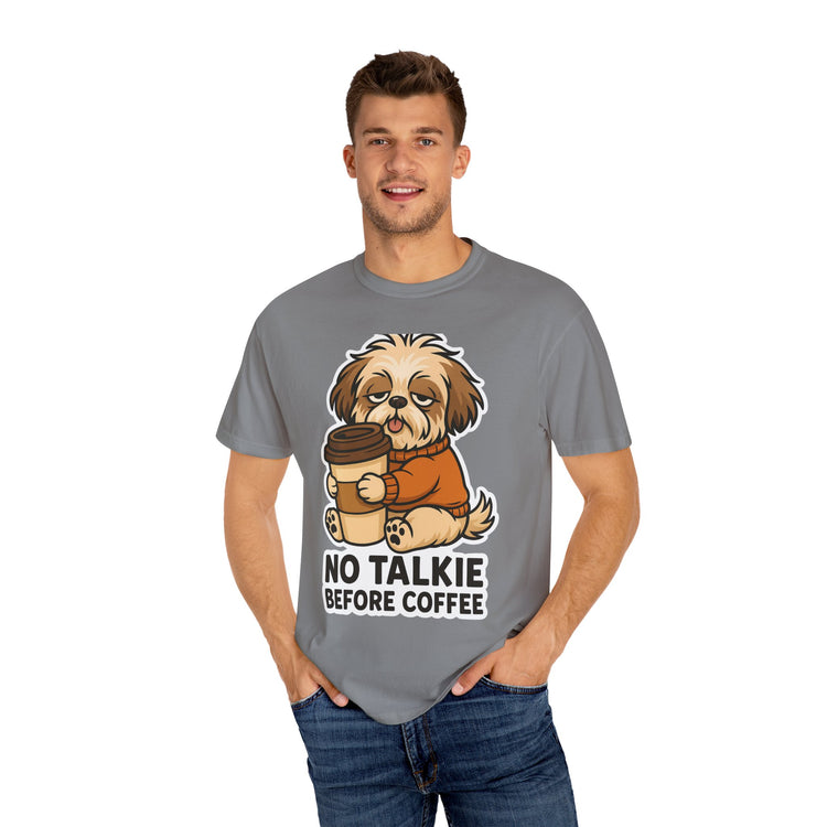 ☕ No Talkie Before Coffee Shih Tzu T-Shirt – Funny Dog Meme Tee for Pet Lovers & Dog Moms 🐾