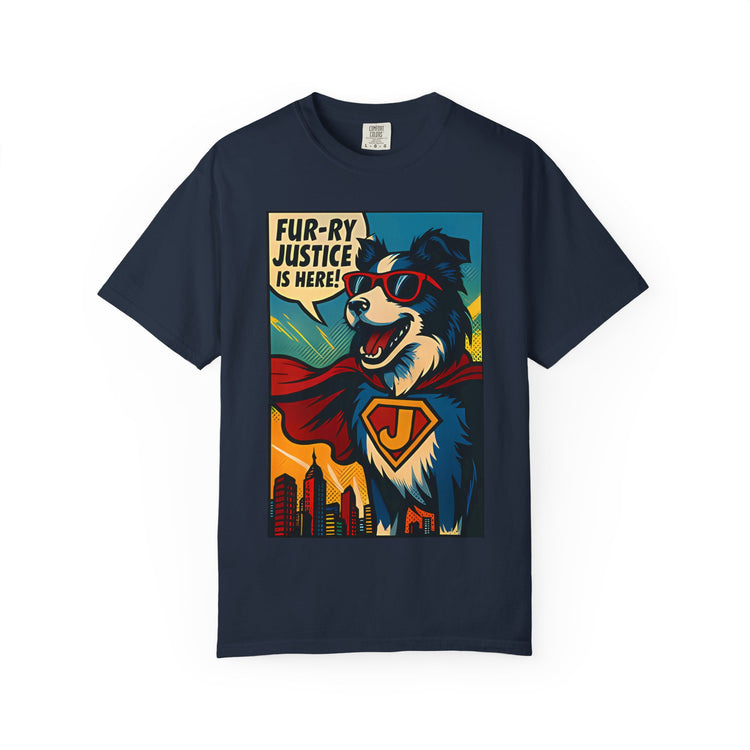 Border Collie Superhero Comic T-Shirt – Pop Art Dog Design, “Fur-ry Justice is Here!” Tee for Dog Lovers