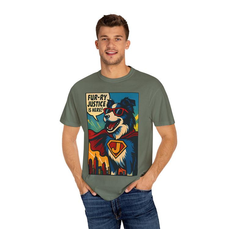 Border Collie Superhero Comic T-Shirt – Pop Art Dog Design, “Fur-ry Justice is Here!” Tee for Dog Lovers