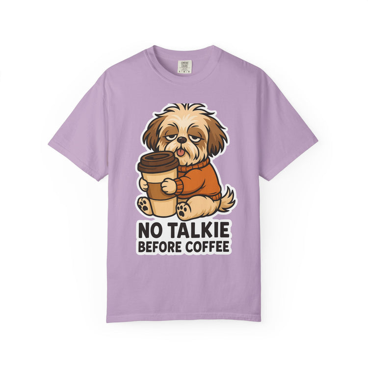 ☕ No Talkie Before Coffee Shih Tzu T-Shirt – Funny Dog Meme Tee for Pet Lovers & Dog Moms 🐾