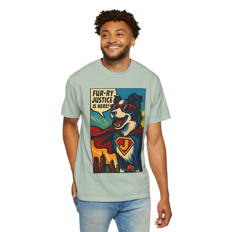Border Collie Superhero Comic T-Shirt – Pop Art Dog Design, “Fur-ry Justice is Here!” Tee for Dog Lovers