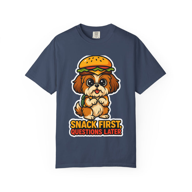🍔 Snack First, Questions Later Shih Tzu T-Shirt – Funny Foodie Dog Meme Tee for Pet Lovers & Dog Moms 🐾