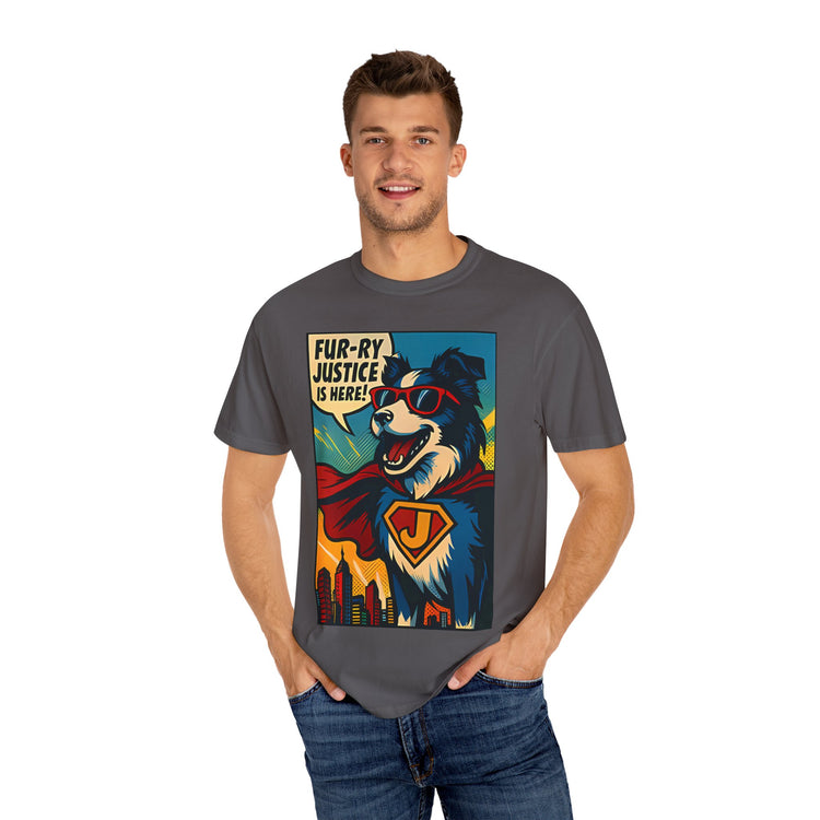 Border Collie Superhero Comic T-Shirt – Pop Art Dog Design, “Fur-ry Justice is Here!” Tee for Dog Lovers