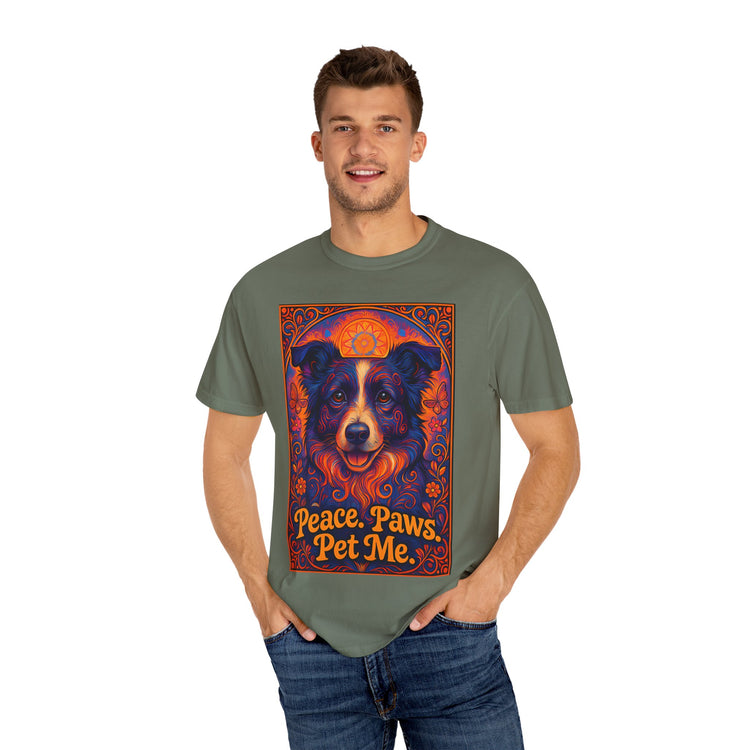 Border Collie Psychedelic Festival T-Shirt – Trippy Floral Dog Tee with “Peace. Paws. Pet Me.” Quote