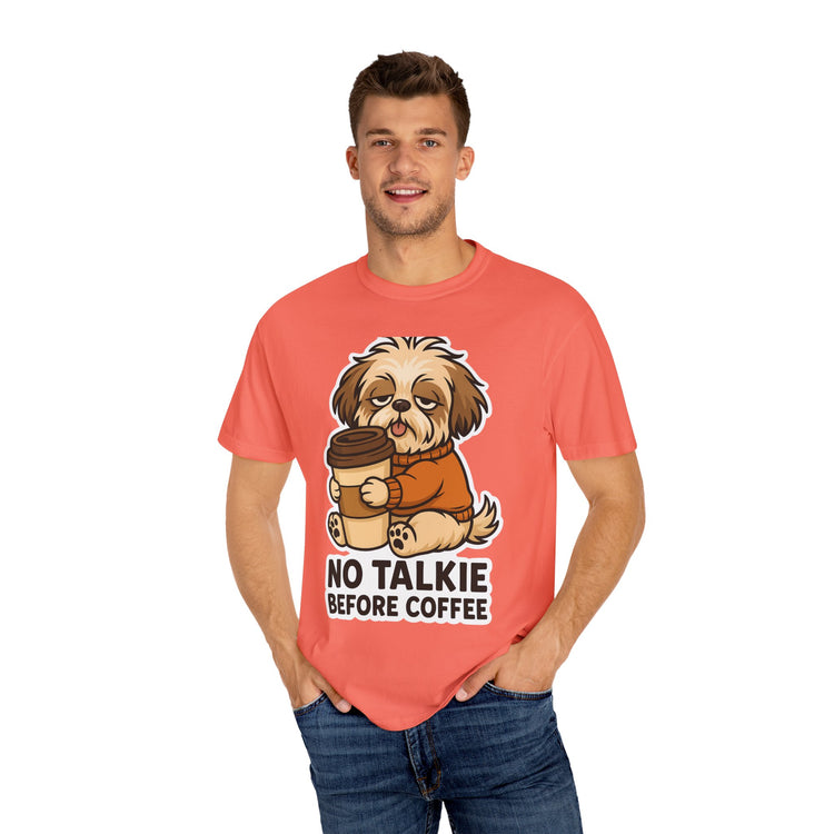 ☕ No Talkie Before Coffee Shih Tzu T-Shirt – Funny Dog Meme Tee for Pet Lovers & Dog Moms 🐾
