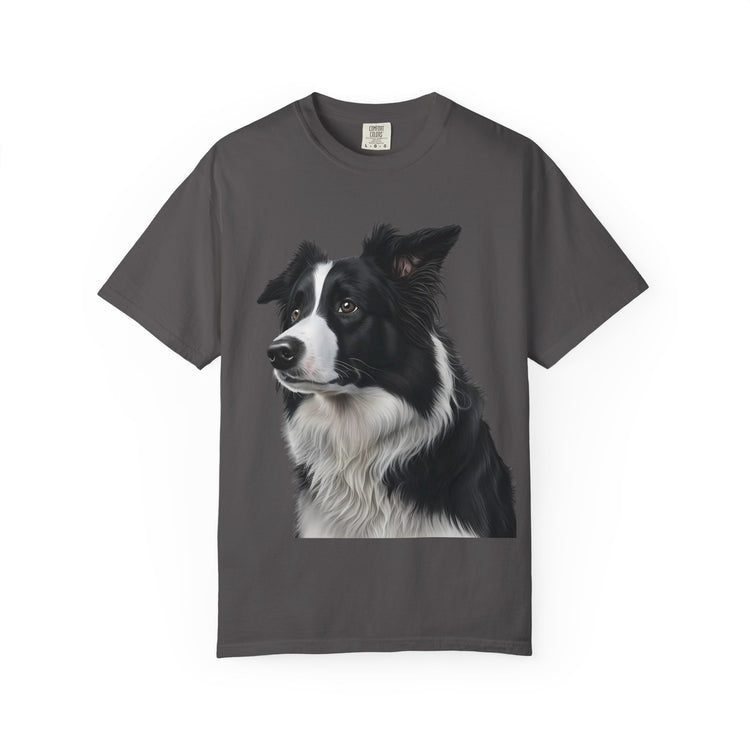 Realistic Border Collie Art T-Shirt – Elegant Black & White Dog Portrait Tee for Pet Lovers