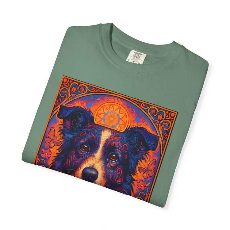 Border Collie Psychedelic Festival T-Shirt – Trippy Floral Dog Tee with “Peace. Paws. Pet Me.” Quote