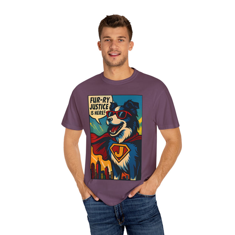 Border Collie Superhero Comic T-Shirt – Pop Art Dog Design, “Fur-ry Justice is Here!” Tee for Dog Lovers