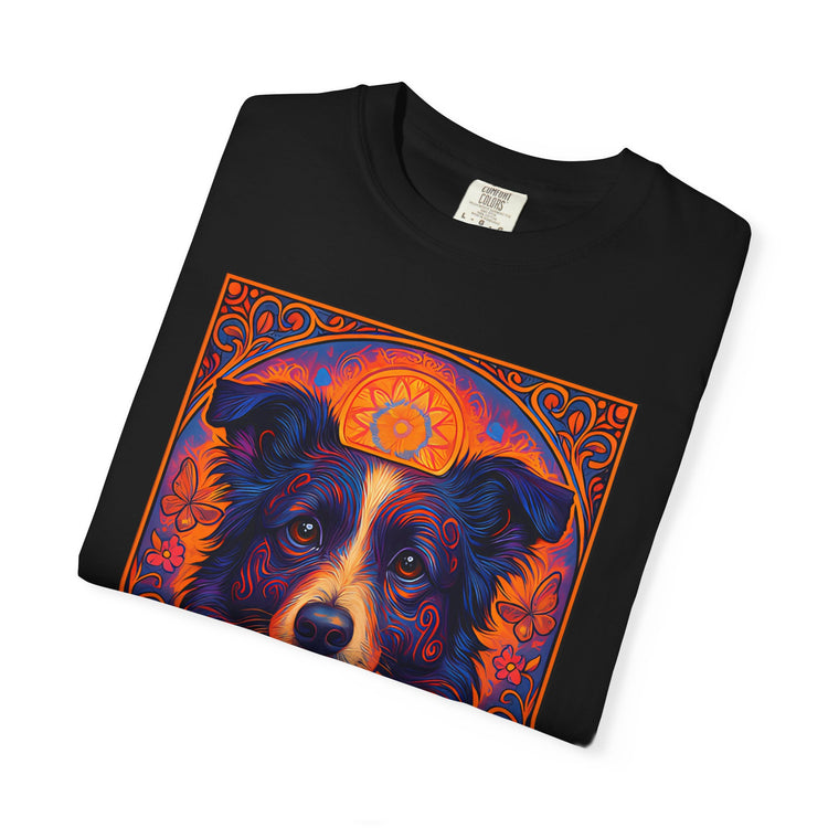 Border Collie Psychedelic Festival T-Shirt – Trippy Floral Dog Tee with “Peace. Paws. Pet Me.” Quote