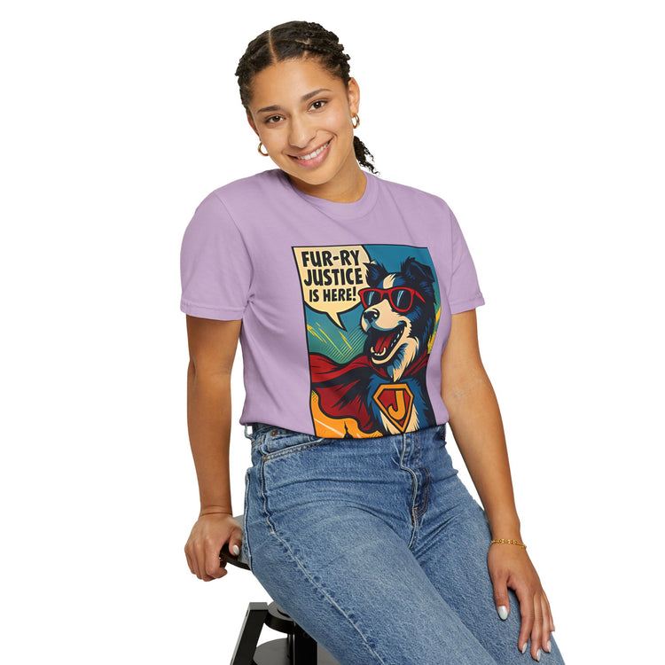 Border Collie Superhero Comic T-Shirt – Pop Art Dog Design, “Fur-ry Justice is Here!” Tee for Dog Lovers
