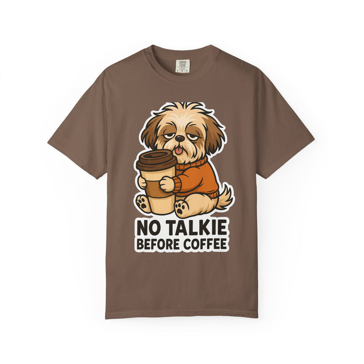 ☕ No Talkie Before Coffee Shih Tzu T-Shirt – Funny Dog Meme Tee for Pet Lovers & Dog Moms 🐾
