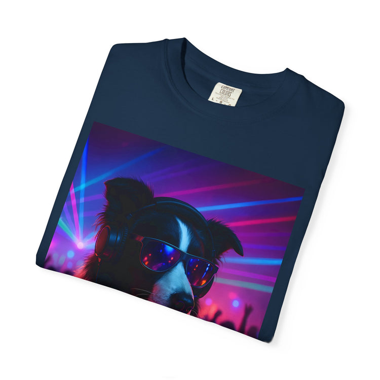 order Collie DJ T-Shirt – Retro 80s Vinyl Dog Tee, Neon Synthwave Pop Art Style for Music & Pet Lovers