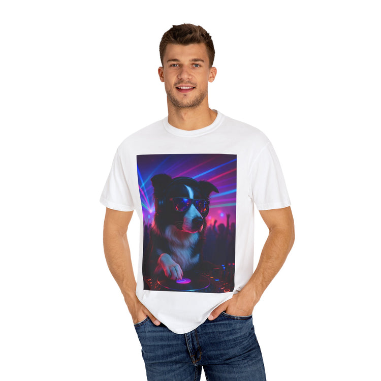 order Collie DJ T-Shirt – Retro 80s Vinyl Dog Tee, Neon Synthwave Pop Art Style for Music & Pet Lovers