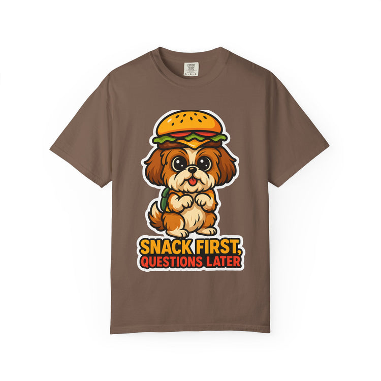🍔 Snack First, Questions Later Shih Tzu T-Shirt – Funny Foodie Dog Meme Tee for Pet Lovers & Dog Moms 🐾