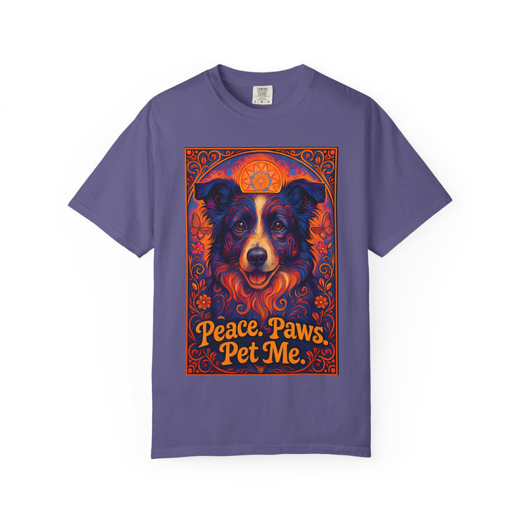 Border Collie Psychedelic Festival T-Shirt – Trippy Floral Dog Tee with “Peace. Paws. Pet Me.” Quote
